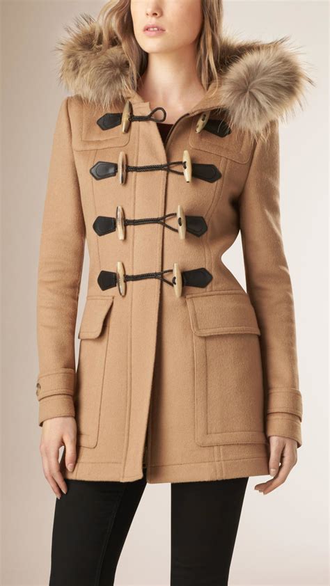 burberry blackwell fur trim wool duffle coat|burberry faux fur camel coat.